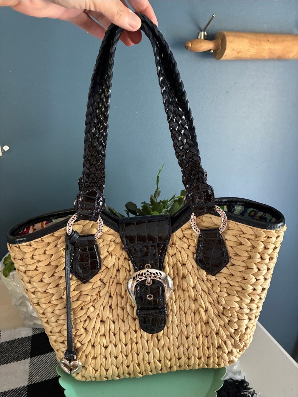 Brighton Straw Woven Tote with Black/Dark Navy Braided Handles - Picture 10 of 10